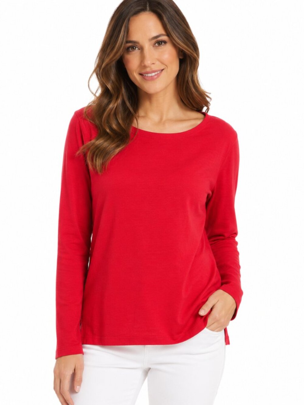 2/$30 J. Jill Red Long Sleeve Top Boat Neck Relaxed Fit Classic Casual Sz M